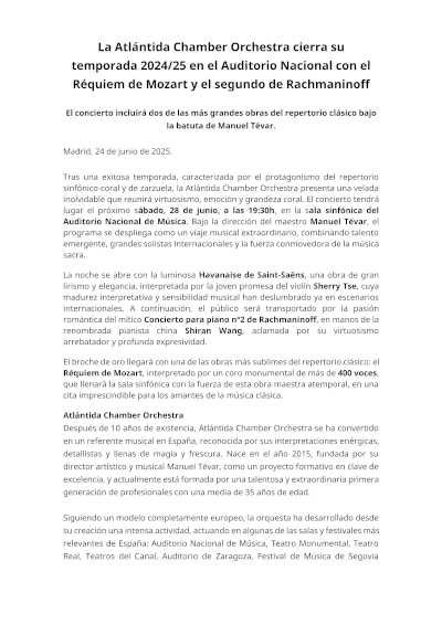 La Atlántida Chamber Orchestra cierra su temporada 2024/25 en el Auditorio Nacional de Madrid