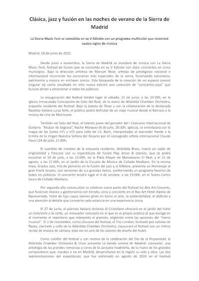 Sierra Music Fest en su V edición con Clásica, jazz y fusión en las noches de verano de la Sierra de Madrid