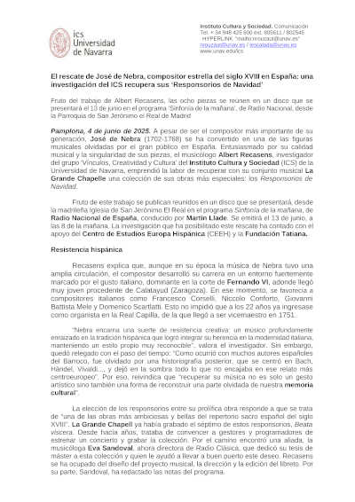 El rescate de José de Nebra, una investigación del ICS recupera sus «Responsorios de Navidad»