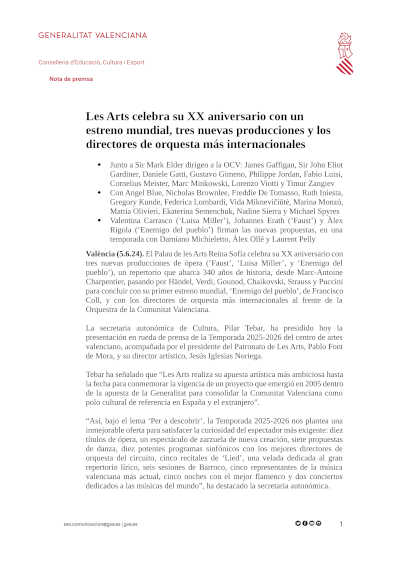 Les Arts celebra su XX aniversario con estreno mundial, nuevas producciones y los directores de orquesta más internacionales