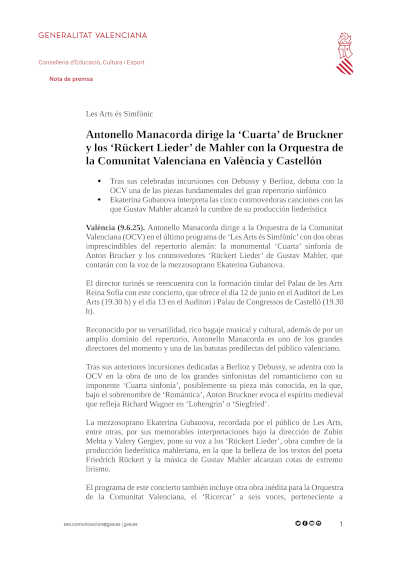 Antonello Manacorda dirige la «Cuarta» de Bruckner y los «Rückert Lieder» de Mahler con la Orquestra de la Comunitat Valenciana