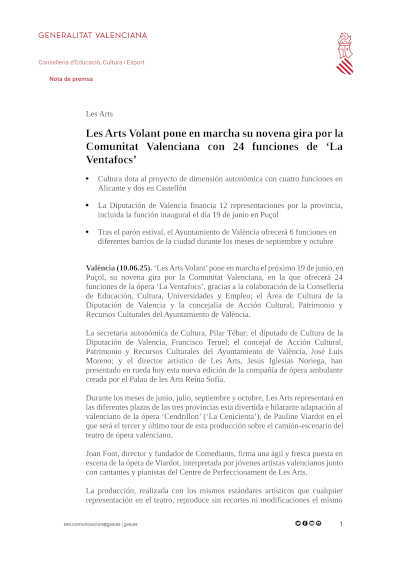 Les Arts Volant pone en marcha su novena gira por la Comunitat Valenciana con 24 funciones de «La Ventafocs»