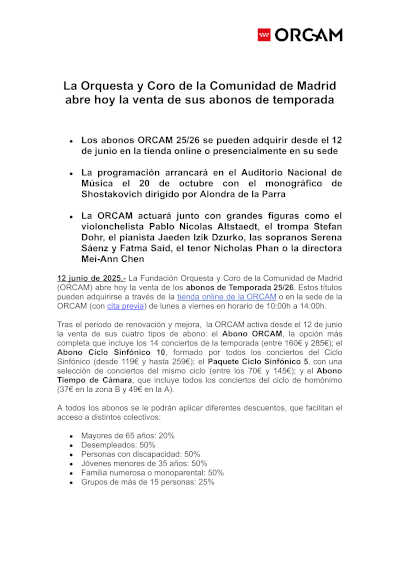 La Orquesta y Coro de la Comunidad de Madrid abre la venta de sus abonos de temporada