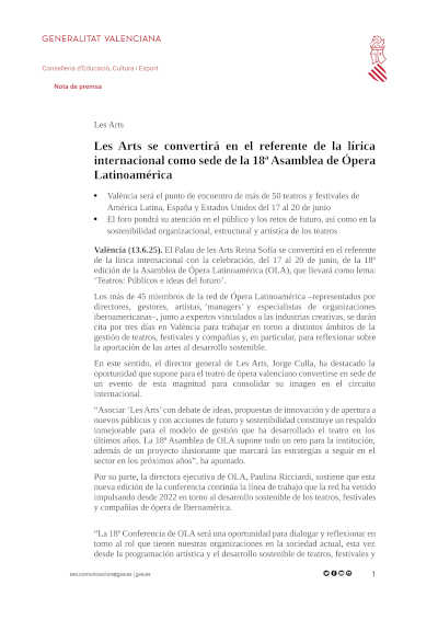 Les Arts se convertirá en el referente de la lírica internacional como sede de la 18ª Asamblea de Ópera Latinoamérica