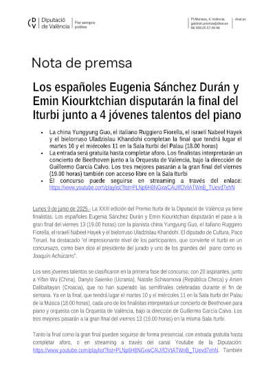 Los españoles Eugenia Sánchez Durán y Emin Kiourktchian disputarán la final del Premi Iturbi junto a cuatro jóvenes talentos del piano
