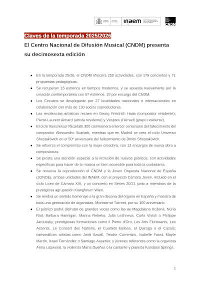 El Centro Nacional de Difusión Musical presenta su temporada 2025/2026 El Centro Nacional de Difusión Musical presenta su temporada 2025/2026