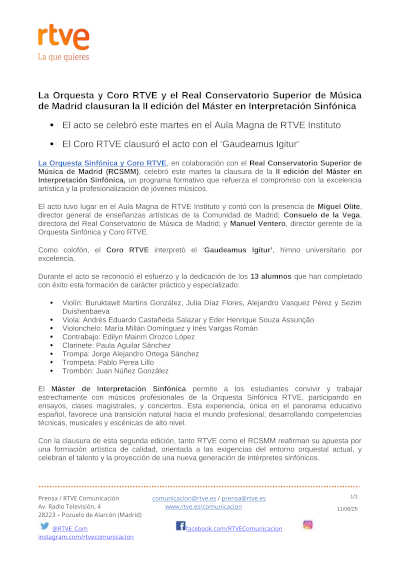 La Orquesta y Coro RTVE y el RCSMM clausuran la II edición del Máster en Interpretación Sinfónica