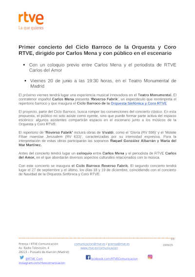 Primer concierto del Ciclo Barroco, dirigido por Carlos Mena con músicos de la Orquesta y Coro RTVE