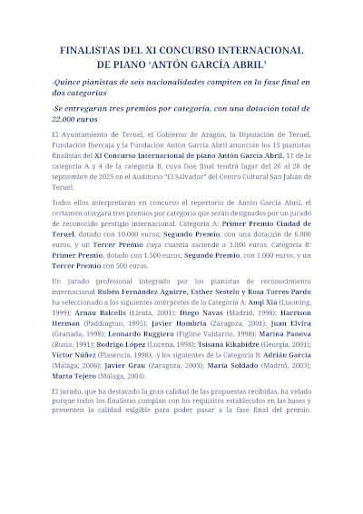 Finalistas de la XI edición del Concurso Internacional de Piano Antón García Abril