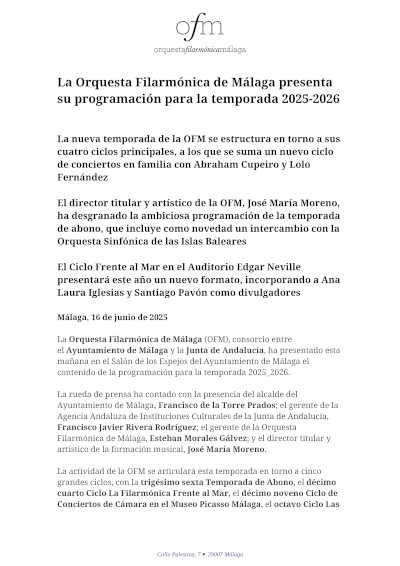 La Orquesta Filarmónica de Málaga presenta su programación para la temporada 2025-2026