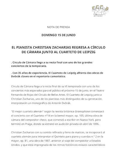 El pianista Christian Zacharias regresa a Círculo de Cámara junto al Cuarteto de Leipzig