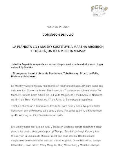 La pianista Lily Maisky sustituye a Marta Argerich y tocará con Mischa Maisky en el Ciclo Círculo de Cámara