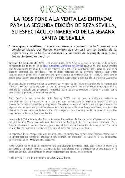 La ROSS pone a la venta las entradas para la segunda edición de Reza Sevilla, su espectáculo inmersivo de Semana Santa de Sevilla