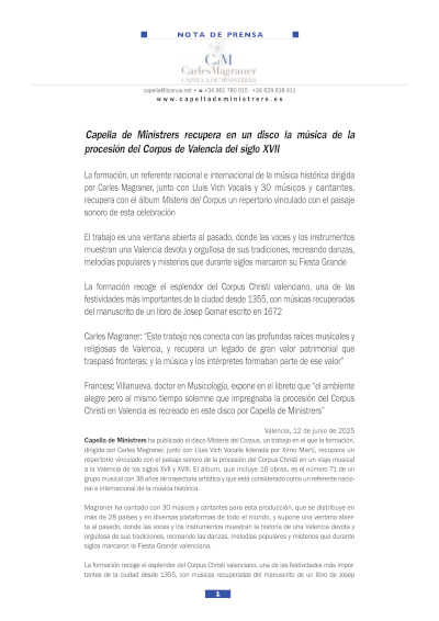 Capella de Ministrers recupera en un disco la música de la procesión del Corpus de Valencia del siglo XVII