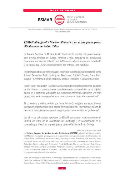 ESMAR alberga el V Maratón Pianístico en el que participarán 35 alumnos de Rubén Talón