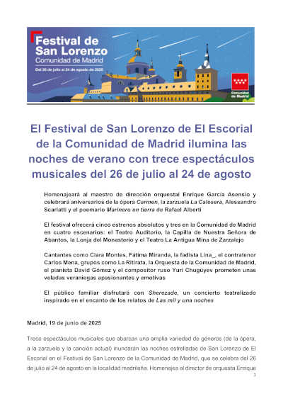 El Festival de San Lorenzo de la Comunidad 2025 de la Comunidad de Madrid ilumina las noches de verano