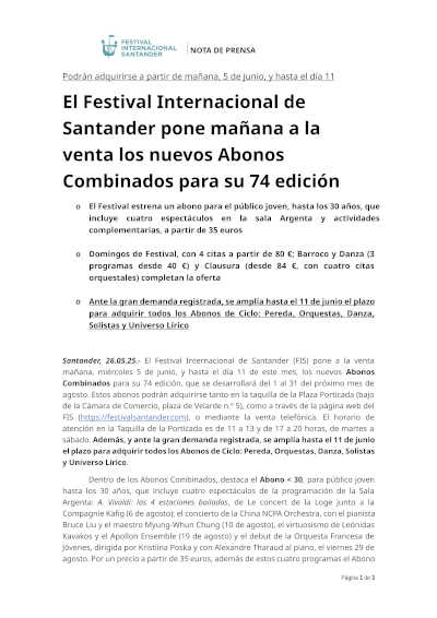 El Festival Internacional de Santander pone a la venta los nuevos Abonos Combinados para su 74 edición