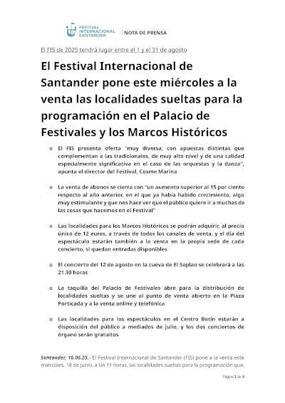 El 74º Festival Internacional de Santander pone a la venta las localidades sueltas para el Palacio de Festivales y los Marcos Históricos