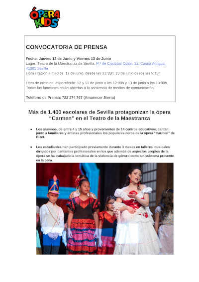 Más de 1.400 escolares de Sevilla protagonizan la ópera «Carmen» en el Teatro de la Maestranza
