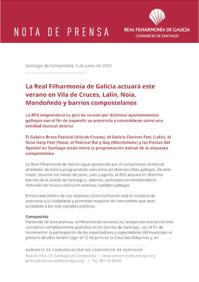 La Real Filharmonía de Galicia actuará este verano en Vila de Cruces, Lalín, Noia, Mondoñedo y barrios compostelanos