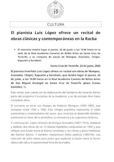 El pianista Luis López ofrece un recital de obras clásicas y contemporáneas en la RACBA
