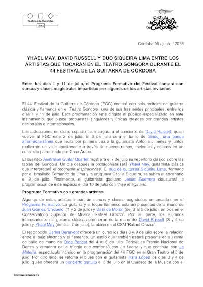 Yhael May, David Russel y el dúo Siqueira Lima en el Góngara durante el 44º Festival de la Guitarra de Córdoba
