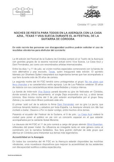 Noches de fiesta para todos en la Axerquía con la Casa Azul, Texas y Viva Suecia durante el 44 Festival de la Guitarra de Córdoba