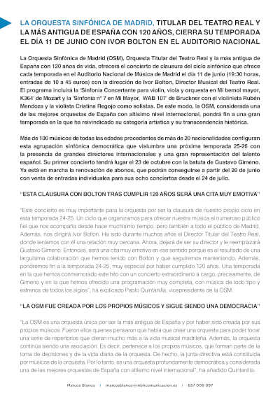 La Orquesta Sinfónica de Madrid culmina la temporada 2024‑2025 bajo la batuta de Ivor Bolton