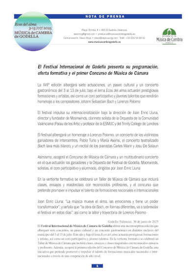 El Festival Internacional de Godella presenta su programación, oferta formativa y el primer Concurso de Música de Cámara