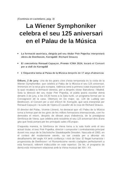 La Wiener Symphoniker celebra su 125 aniversario en el Palau de la Música