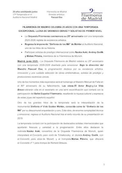 Filarmonía de Madrid celebra 25 años con una temporada excepcional llena de grandes obras y solistas de primer nivel