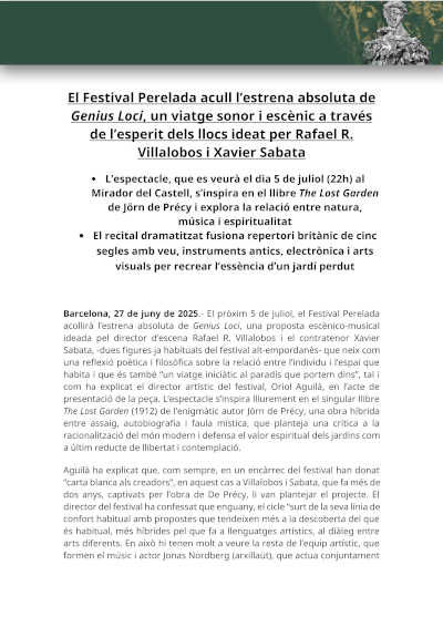 El Festival Peralada acoge el estreno absoluto de Genius Loci, por Rafael R. Villalobos y Xavier Sabata