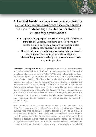 El Festival Peralada acoge el estreno absoluto de Genius Loci, por Rafael R. Villalobos y Xavier Sabata