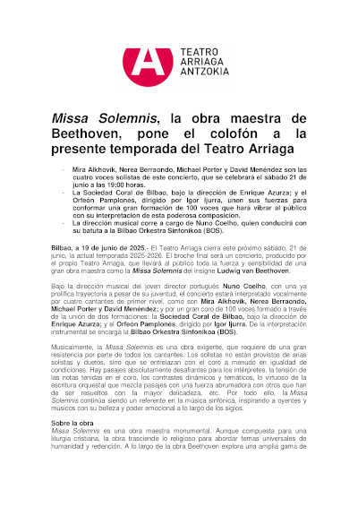 Missa Solemnis, la obra maestra de Beethoven, pone el colofón a la presente temporada del Teatro Arriaga