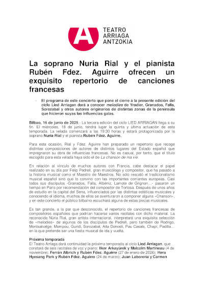 La soprano Nuria Rial y el pianista Rubén Fernández Aguirre ofrece un exquisito repertorio de canciones francesas