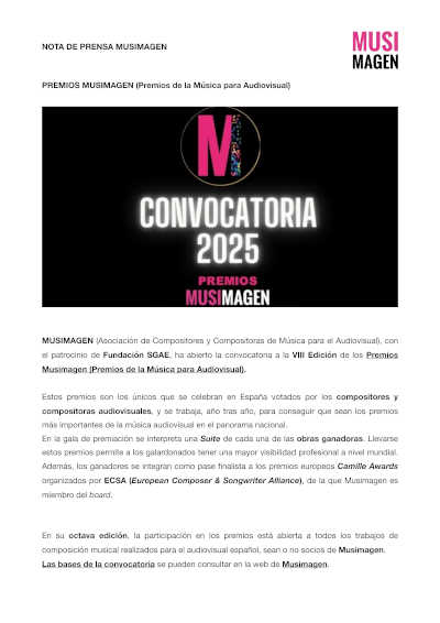 Convocados los VIII Premios MUSIMAGEN 2025 – Premios de la Música para Audiovisual