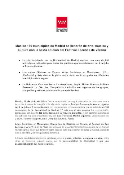 Más de 150 municipios de Madrid se llenarán de arte, música y cultura con el Festival Escenas de Verano 2025