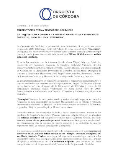 La Orquesta de Córdoba ha presentado su nueva temporada 2025/2026 bajo el lema «Sinergias»