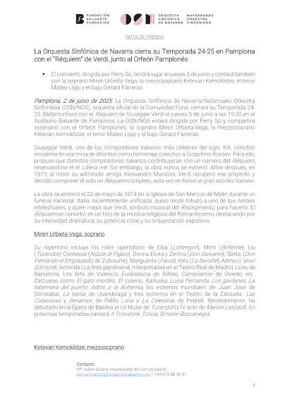 La Orquesta Sinfónica de Navarra cierra su temporada 24-25 en Pamplona con el “Réquiem” de Verdi, junto al Orfeón Pamplonés