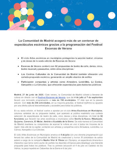 La Comunidad de Madrid acogerá más de un centenar de espectáculos escénicos en el Festival Escenas de Verano