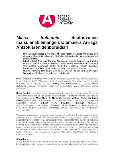 Missa Solemnis, la obra maestra de Beethoven, pone el colofón a la presente temporada del Teatro Arriaga