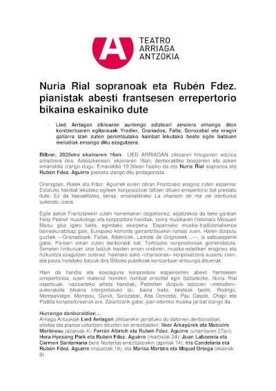 La soprano Nuria Rial y el pianista Rubén Fernández Aguirre ofrece un exquisito repertorio de canciones francesas