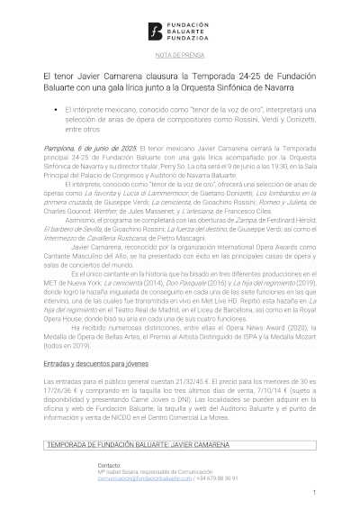 El tenor Javier Camarena clausura la Temporada 24-25 de Fundación Baluarte con una gala lírica junto a la OSN