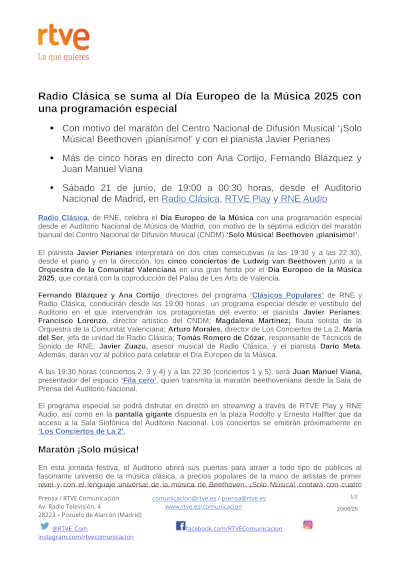 Radio Clásica se suma al Día Europeo de la Música 2025 con una programación especial