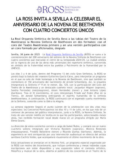 La ROSS invita a celebrar el aniversario de la Novena Sinfonía de Beethoven con cuatro conciertos únicos