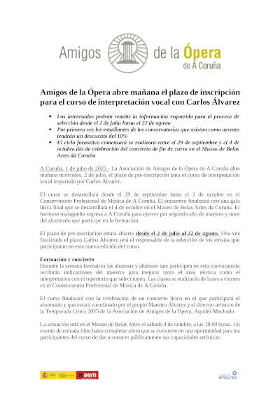 Amigos de la Ópera abre el plazo de inscripción para el curso de interpretación vocal con el barítono Carlos Álvarez
