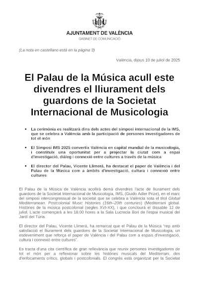 El Palau de la Música acoge la entrega de los galardones de la Sociedad Internacional de Musicología