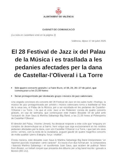 El 28 Festival de Jazz sale del Palau de la Música y se traslada a las pedanías afectadas por la dana de Castellar-l’Oliveral y La Torre