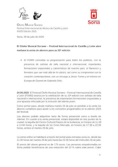 El Otoño Musical Soriano – Festival Internacional de Castilla y León abre mañana la venta de abonos para su 33ª edición