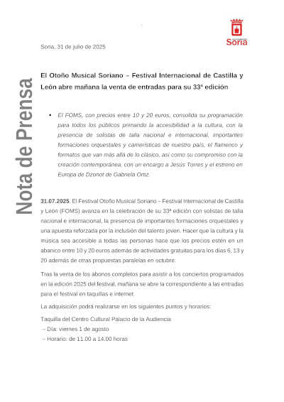 El Otoño Musical Soriano – Festival Internacional de Castilla y León abre mañana la venta de entradas para su 33ª edición